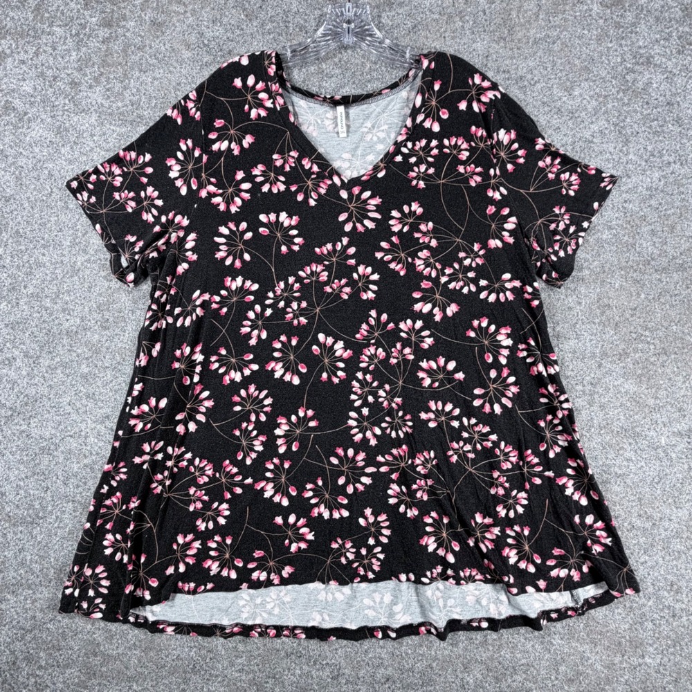 POPYOUNG Women's Floral V-Neck Short Sleeve Tunic T-Shirt Plus Size 3XL Black